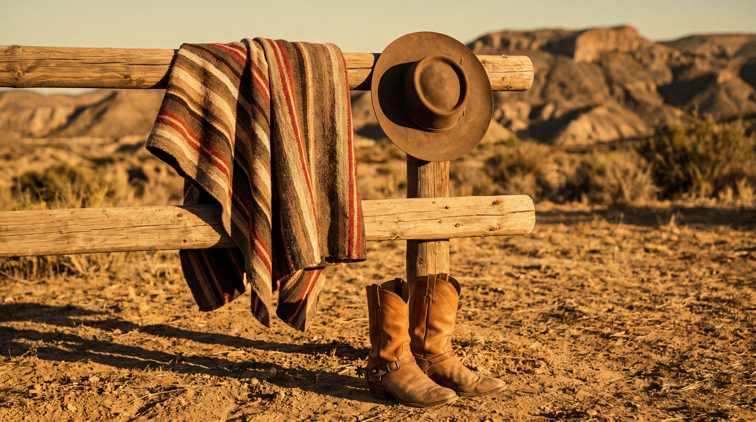 A striped wool poncho and a brown hat on a wooden hitching rail in a desert, with tan cowboy boots and spurs on the ground below