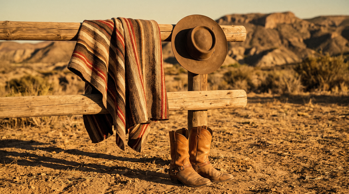 A striped wool poncho and a brown hat on a wooden hitching rail in a desert, with tan cowboy boots and spurs on the ground below