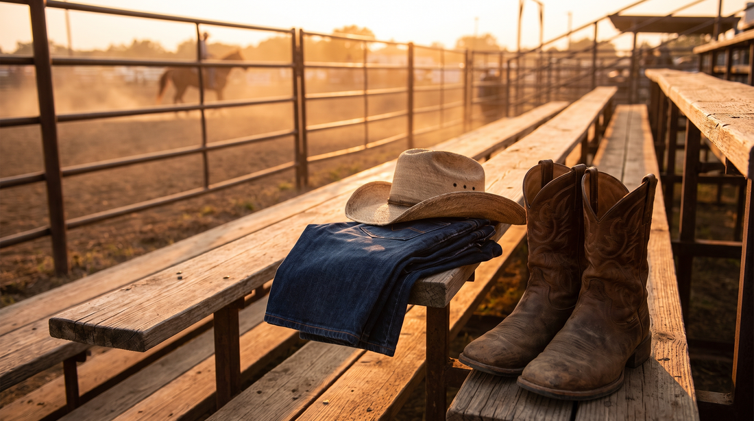 Broken-in brown cowboy boots, folded blue jeans and a straw cowboy hat on a wooden rodeo bleacher at golden hour