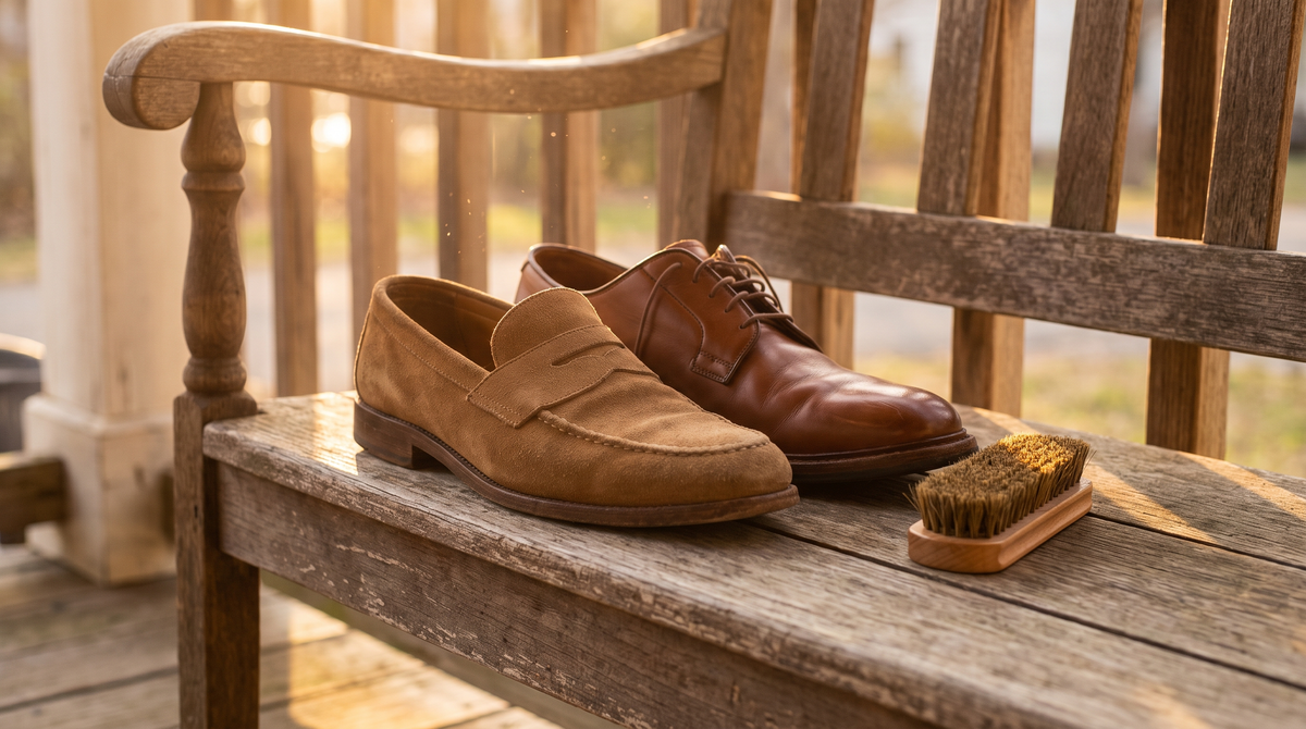 A tan suede penny loafer beside a smooth brown leather shoe on a porch bench, with a suede brush