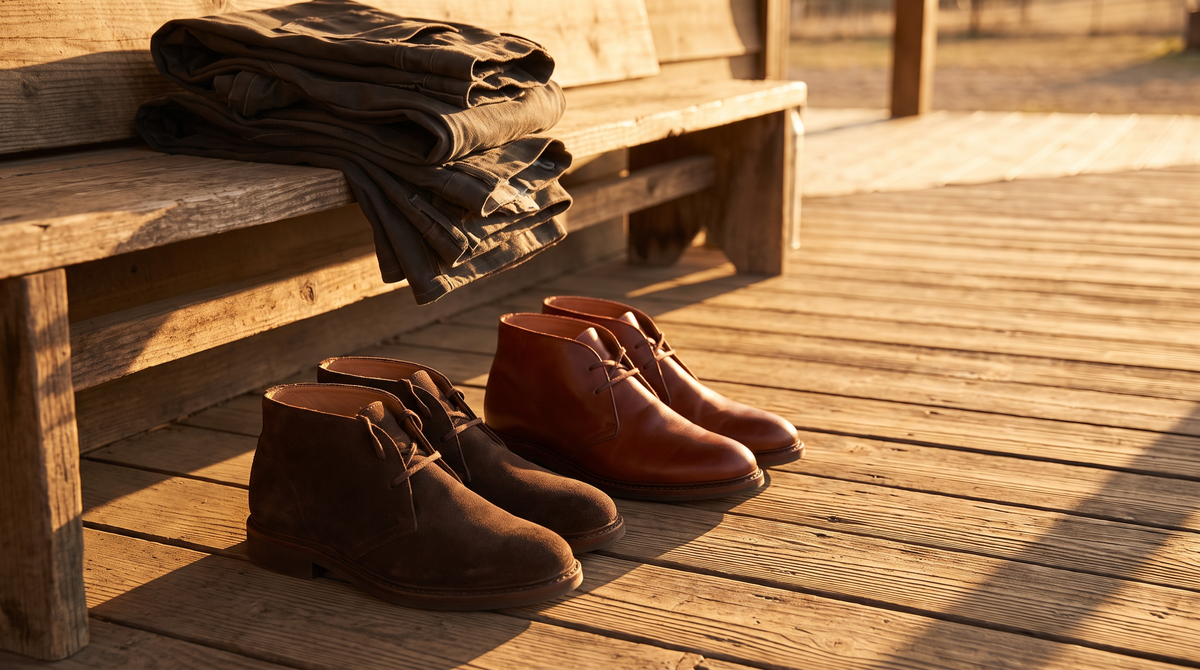 A pair of brown suede chukka boots and a pair of brandy calfskin chukka boots on a porch floor below folded trousers