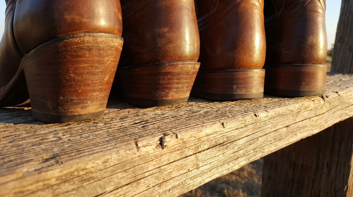 Close-up of the heels of four leather cowboy boots on a wooden plank, from a tall slanted riding heel to lower stacked heels