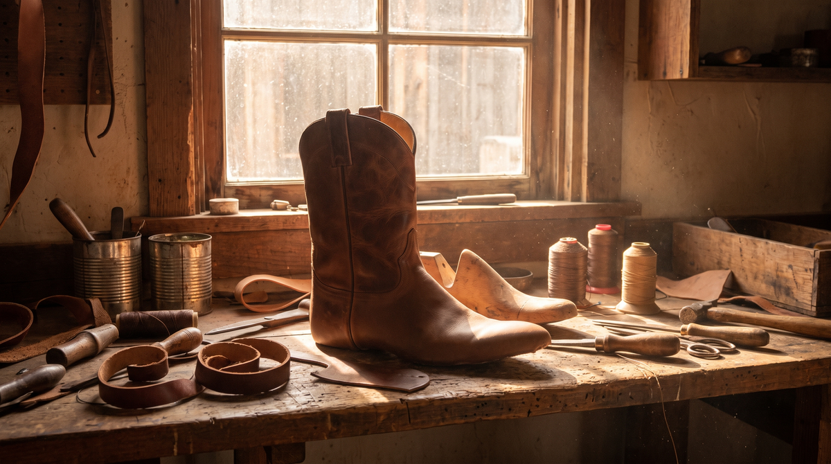 A leather cowboy boot on a wooden last on a bootmaker's workbench with hand tools and thread