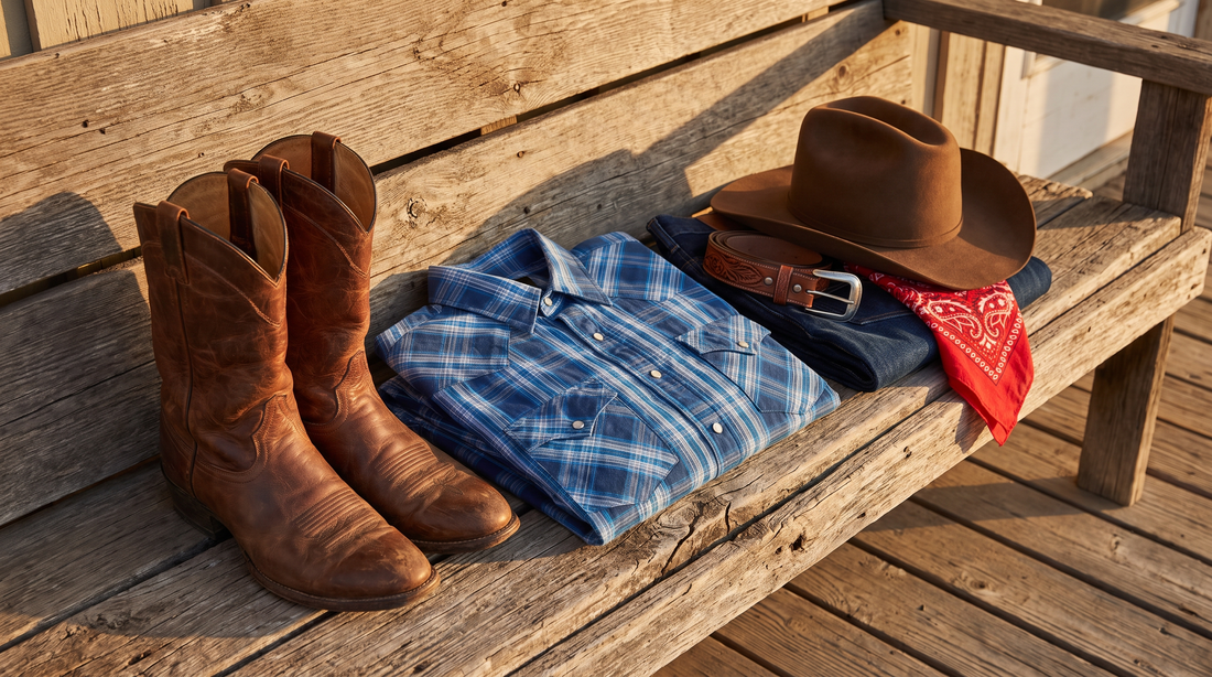 Western wear laid out on a porch bench: brown cowboy boots, a plaid snap shirt, jeans, a leather belt with buckle, a felt hat and a red bandana