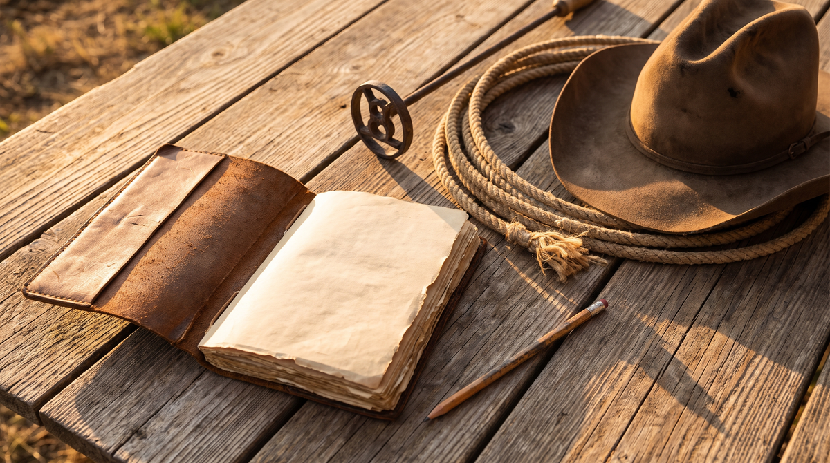 An open leather-bound trail journal and pencil on a ranch table beside a coiled rope, a branding iron and a worn felt hat