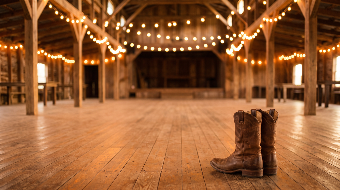 A pair of low-heeled leather-soled cowboy boots on the polished wooden floor of an empty dance hall under string lights