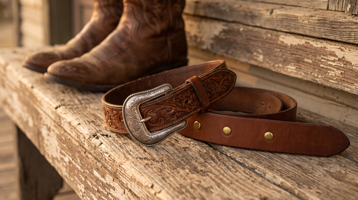 A tooled leather belt with a silver western buckle beside a belt blank with snaps on a porch bench, boots behind