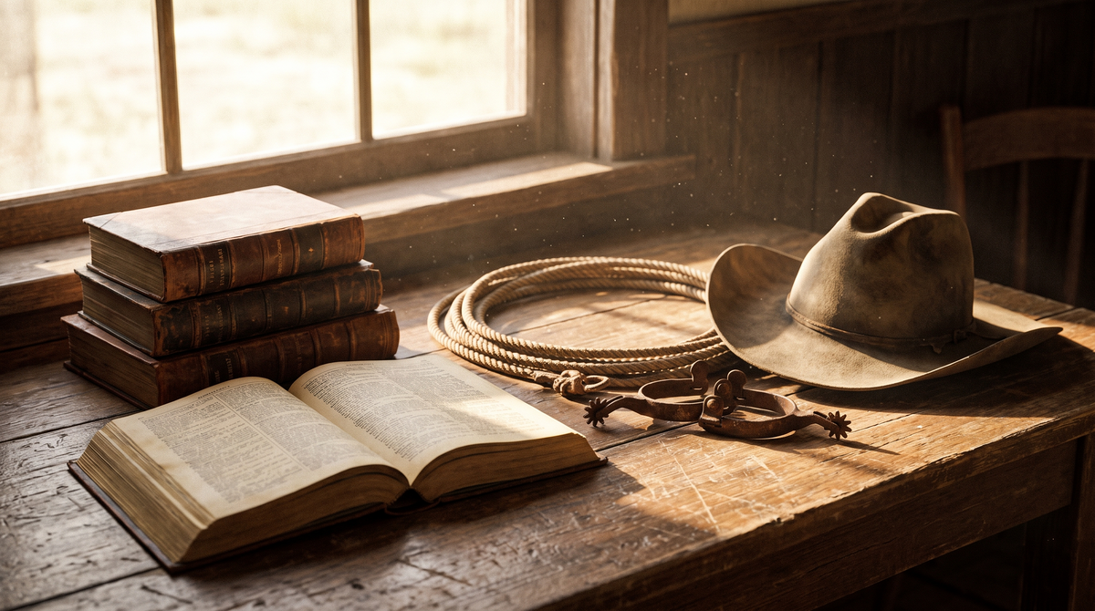 An open antique dictionary and a stack of old books on a ranch-house table beside a coiled lariat, spurs and a worn felt hat