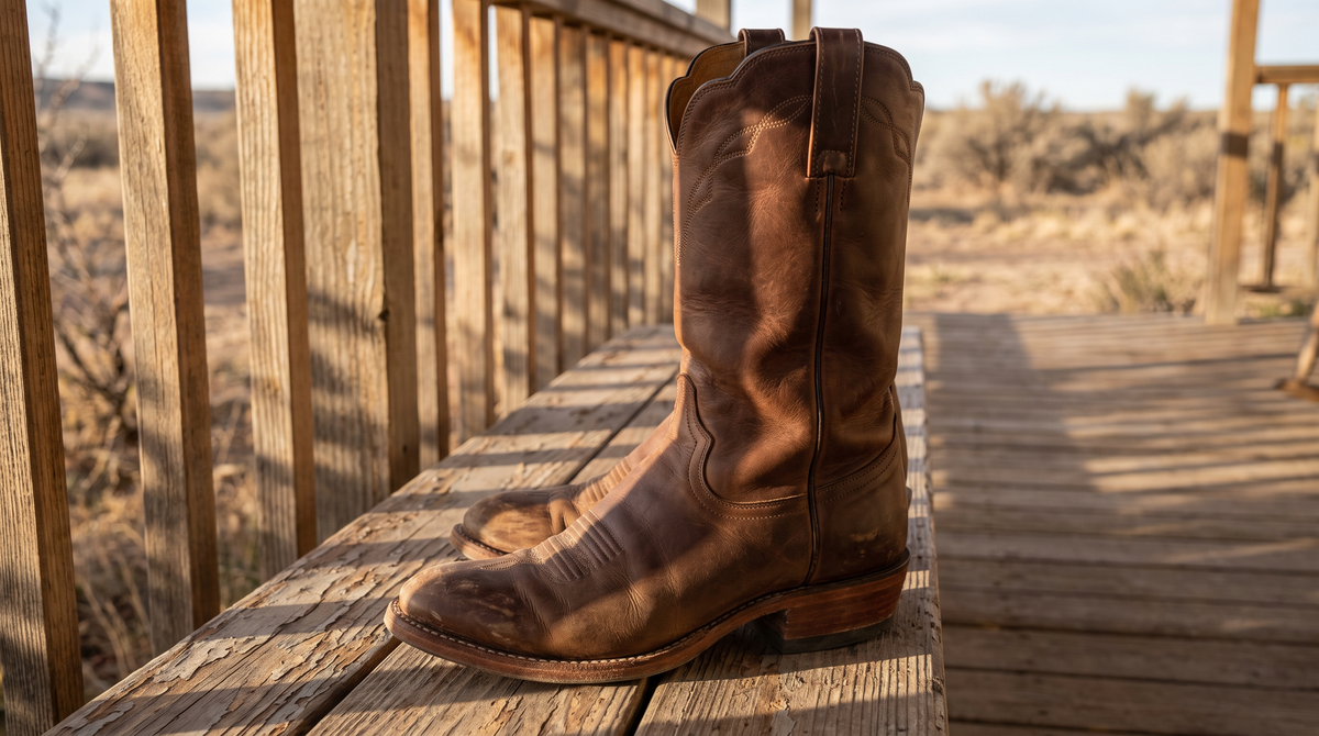 A tall brown leather cowboy boot on a weathered porch bench, showing the pull strap, scalloped shaft, vamp, toe and stacked heel