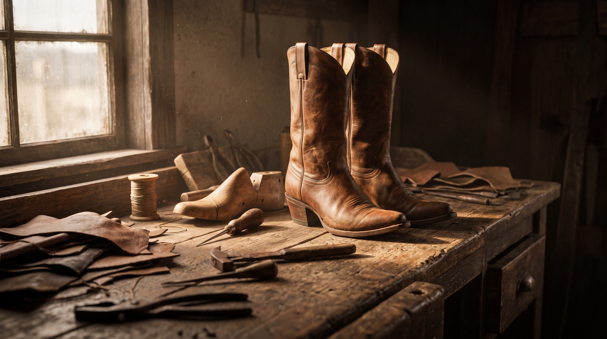 A pair of old brown cowboy boots on a cobbler's workbench beside a wooden last, awl, thread and leather scraps