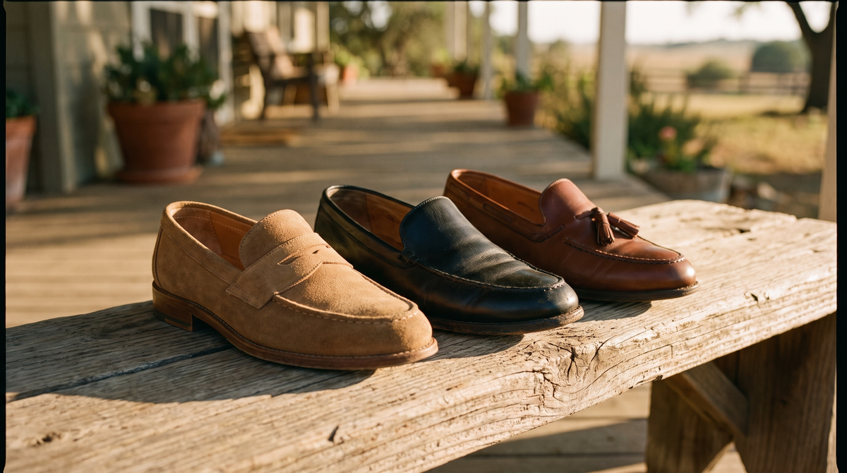 A tan suede penny loafer, a black leather slip-on and a brown tassel loafer side by side on a porch bench