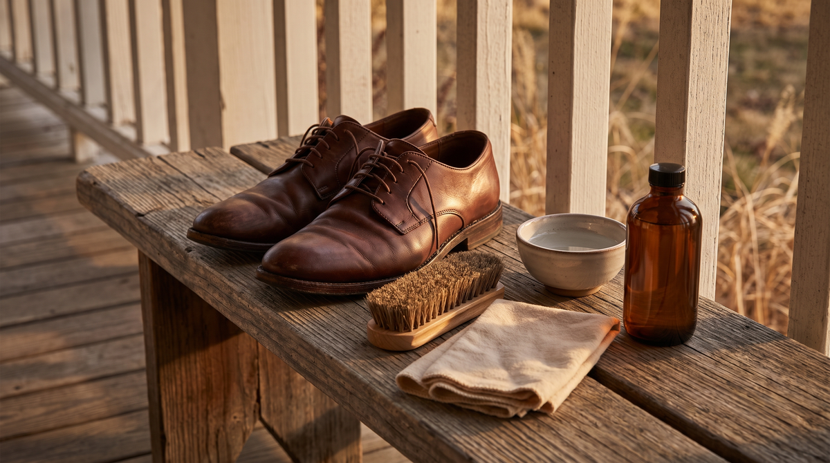 Brown leather shoes on a porch bench beside a horsehair brush, a cloth, a bowl of water and an amber bottle
