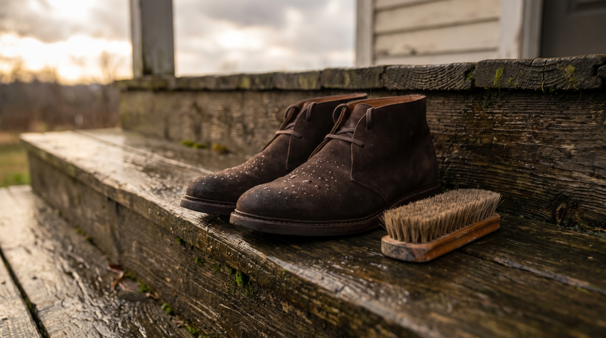 Dark brown suede chukka boots with water droplets on a wet porch step beside a suede brush