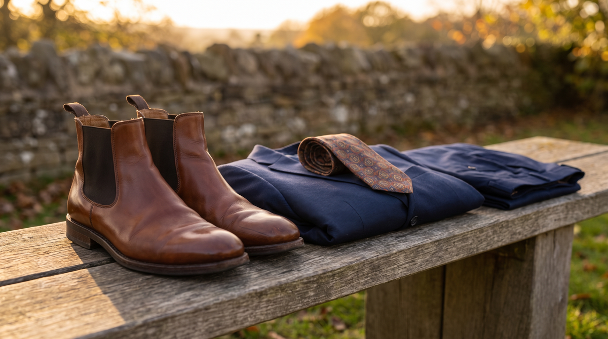 Brown leather Chelsea boots on a bench beside a folded navy suit and a patterned tie