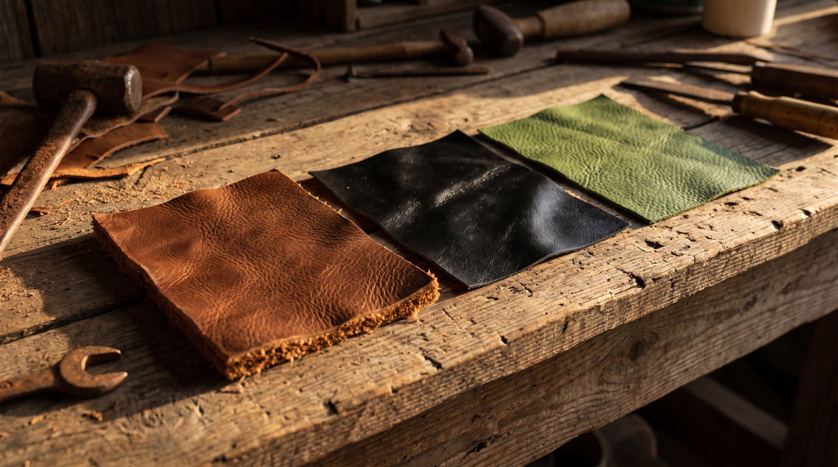 Swatches of brown cowhide, black synthetic leather and green plant-based leather on a workbench