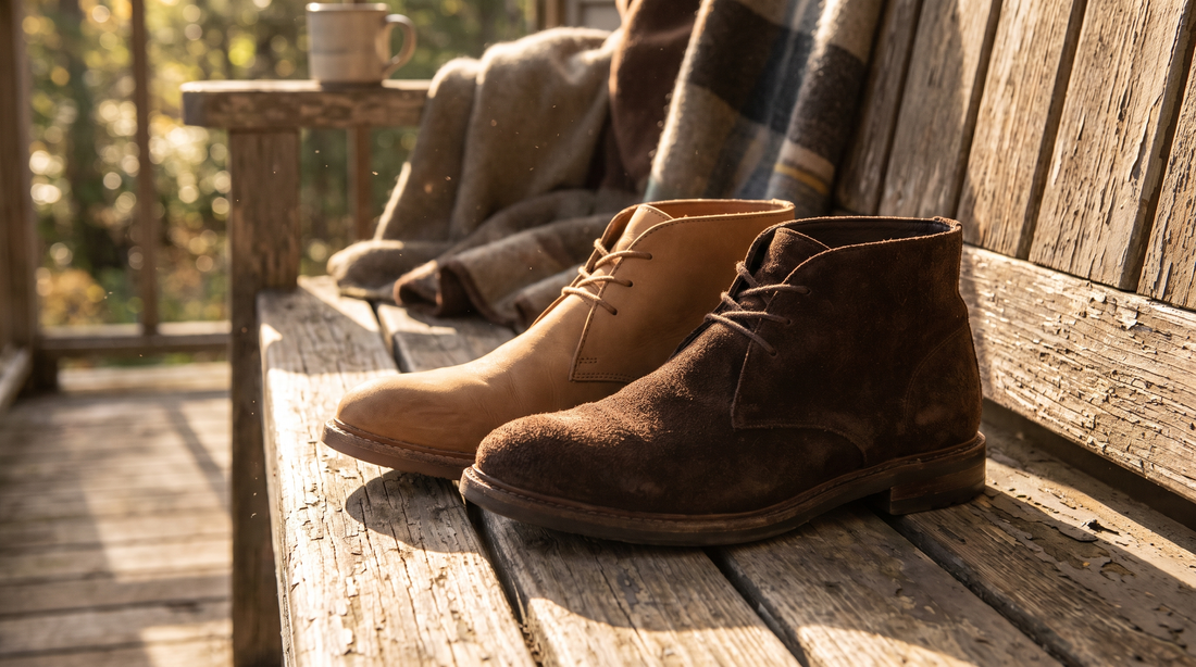 A tan nubuck chukka and a brown suede chukka side by side on a porch bench