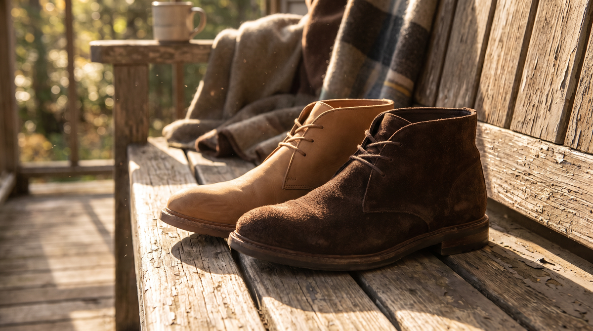 A tan nubuck chukka and a brown suede chukka side by side on a porch bench