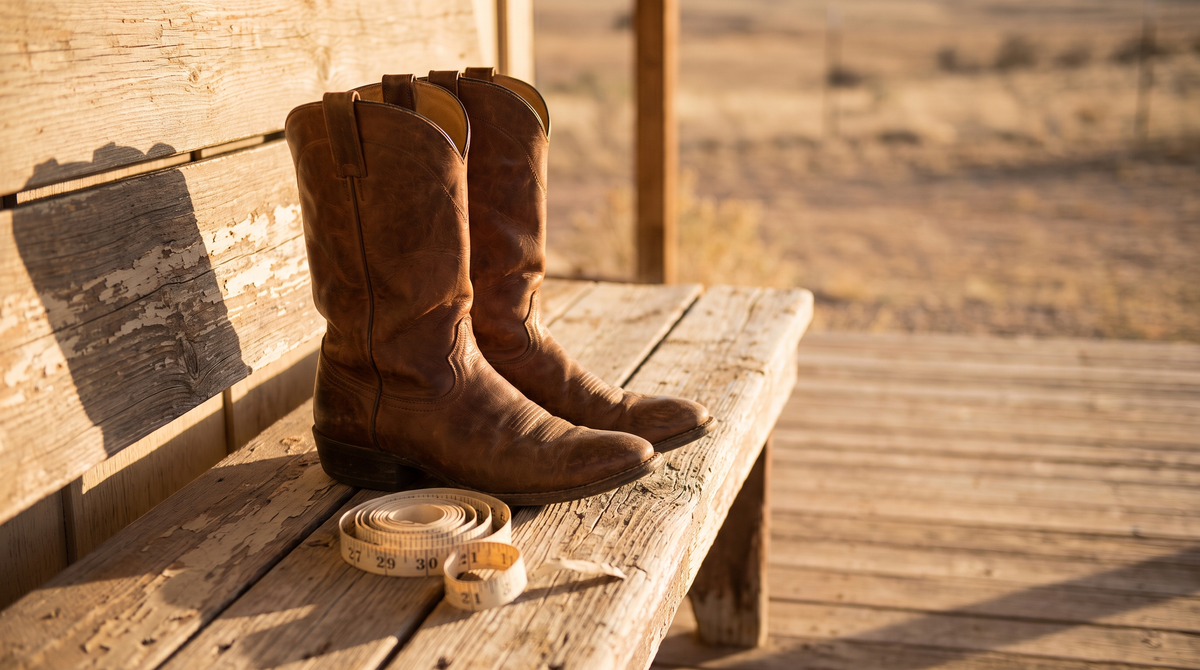 A pair of tall brown leather cowboy boots on a weathered porch bench beside a coiled measuring tape