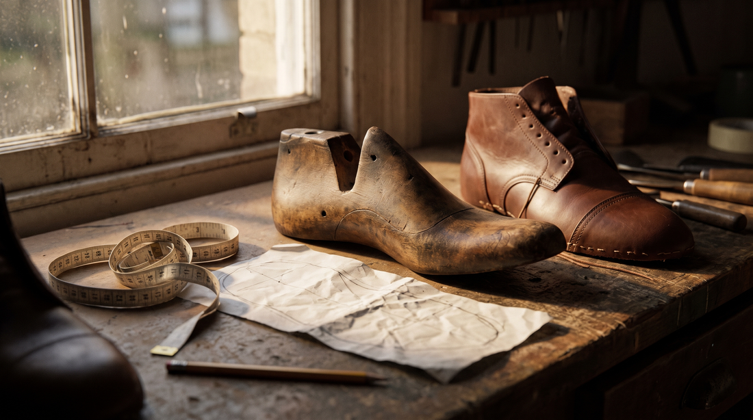 A wooden boot last, a paper foot tracing, a measuring tape and a brown leather boot on a bootmaker's workbench
