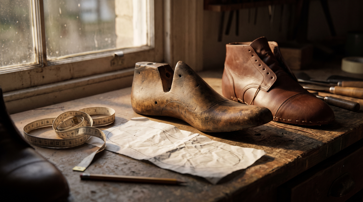 A wooden boot last, a paper foot tracing, a measuring tape and a brown leather boot on a bootmaker's workbench