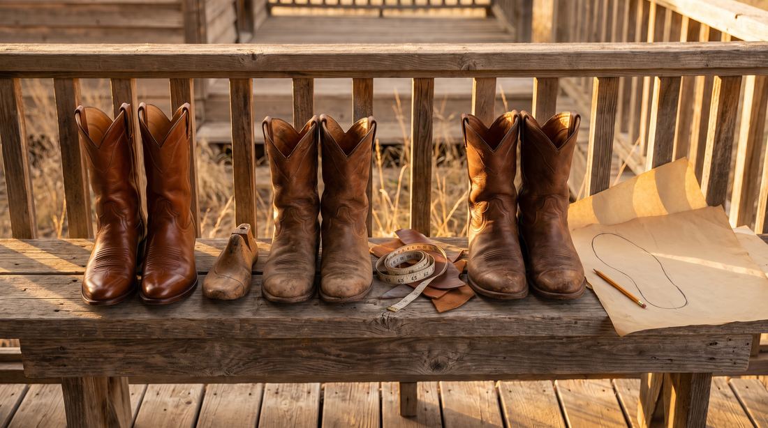 Three pairs of cowboy boots on a porch bench beside a wooden last, a measuring tape and a paper foot tracing