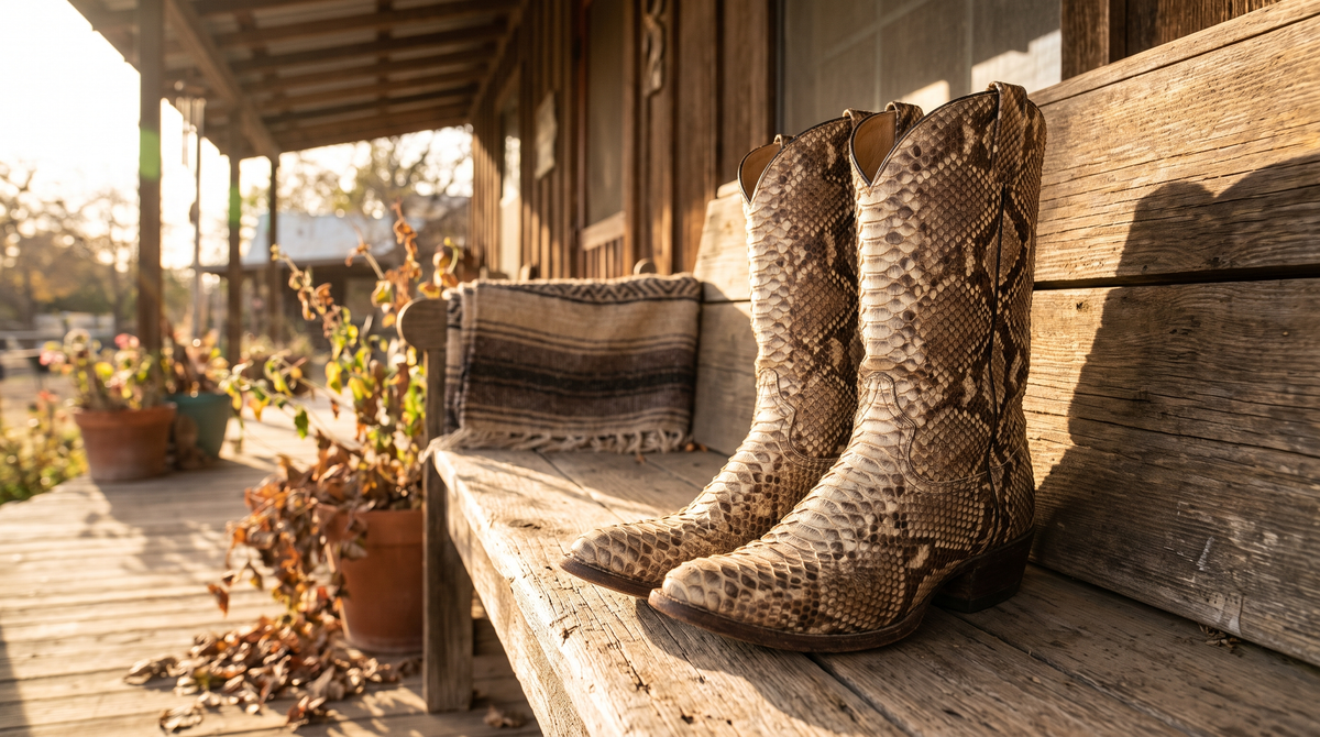 A pair of reticulated python-skin cowboy boots with a clear diamond scale pattern on a sunlit porch bench