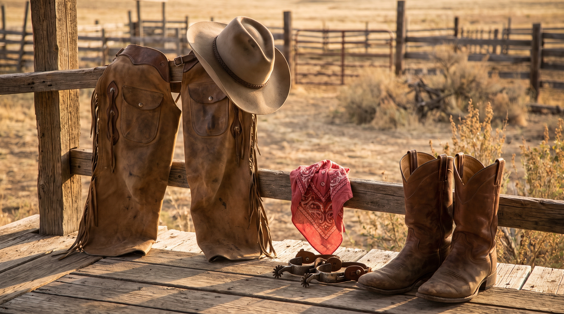 Leather chaps and a felt cowboy hat on a ranch rail, with a red bandana, spurs and cowboy boots on the porch below