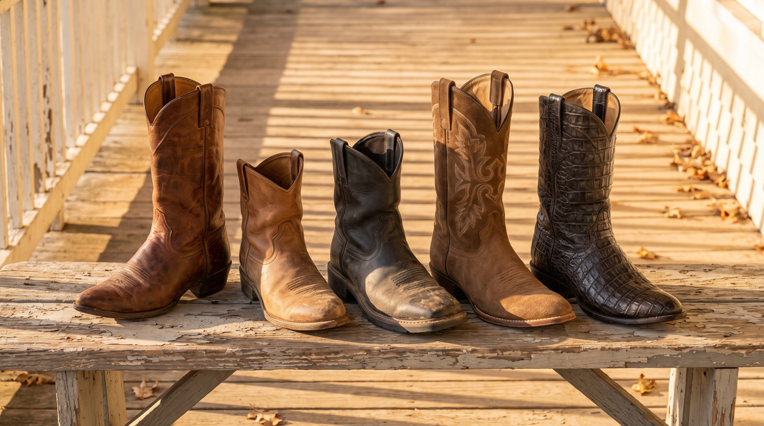 Five styles of cowboy boots in a row on a sunlit porch bench, from a tall classic boot to a short roper and an exotic-skin pair