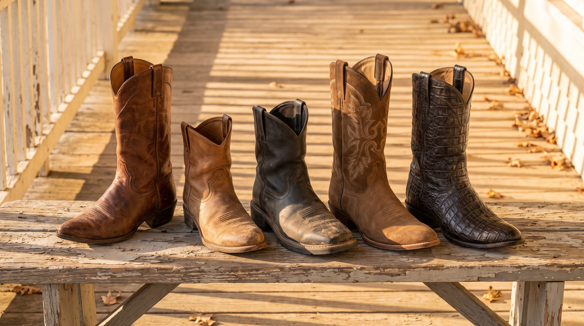 Five styles of cowboy boots in a row on a sunlit porch bench, from a tall classic boot to a short roper and an exotic-skin pair
