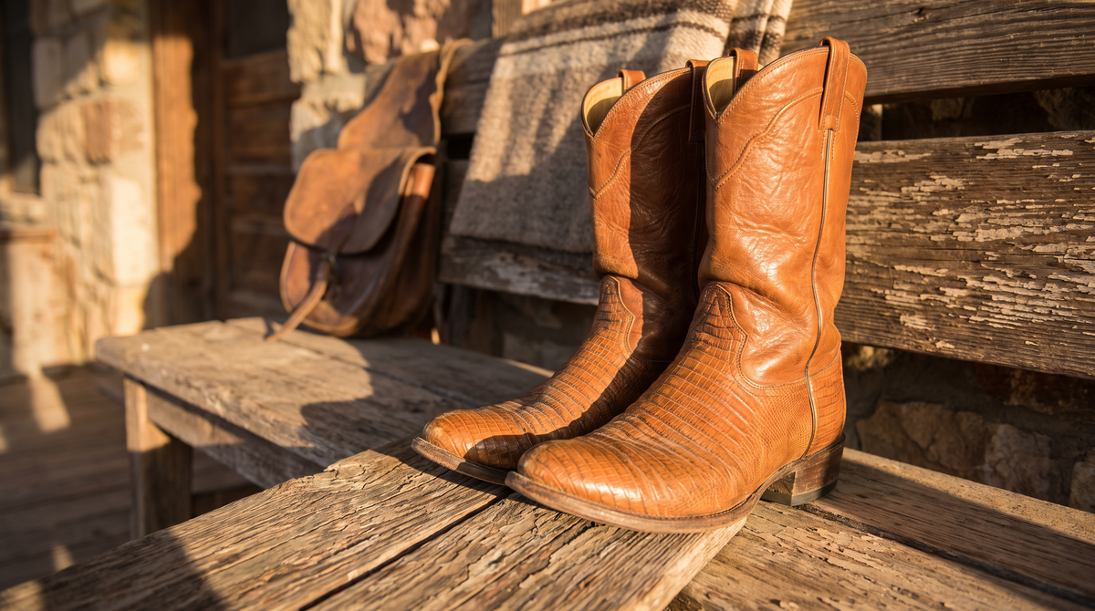 A pair of tan teju lizard-skin cowboy boots with a fine scale pattern on a weathered porch bench