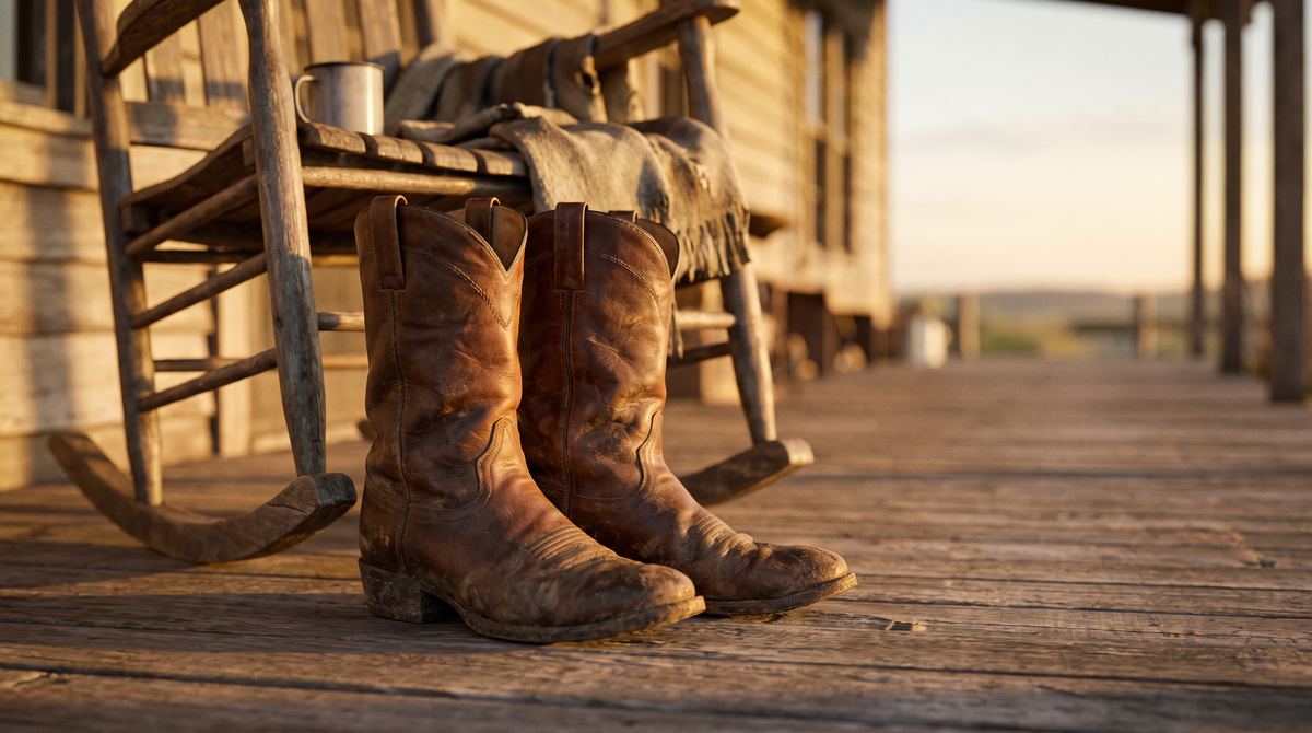 A broken-in pair of brown leather cowboy boots on porch floorboards beside a wooden rocking chair