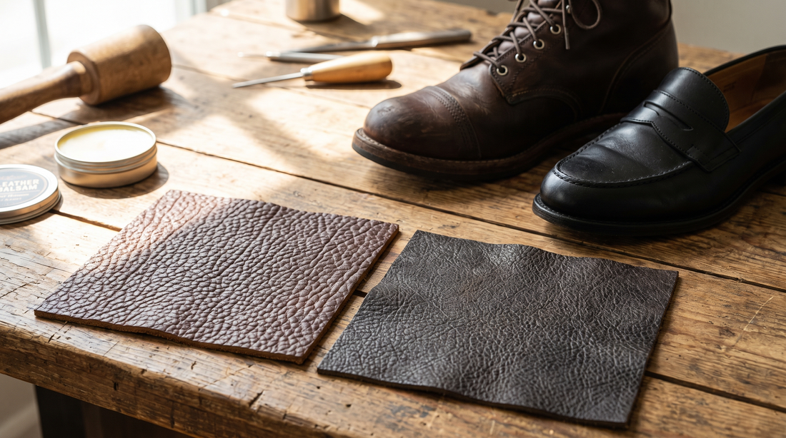 A swatch of pebbled bison leather beside a swatch of darker water buffalo leather on a workbench, with a boot and a loafer behind