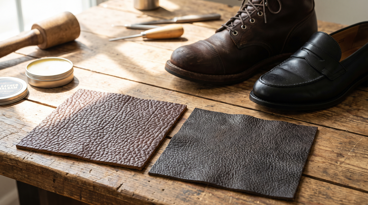A swatch of pebbled bison leather beside a swatch of darker water buffalo leather on a workbench, with a boot and a loafer behind