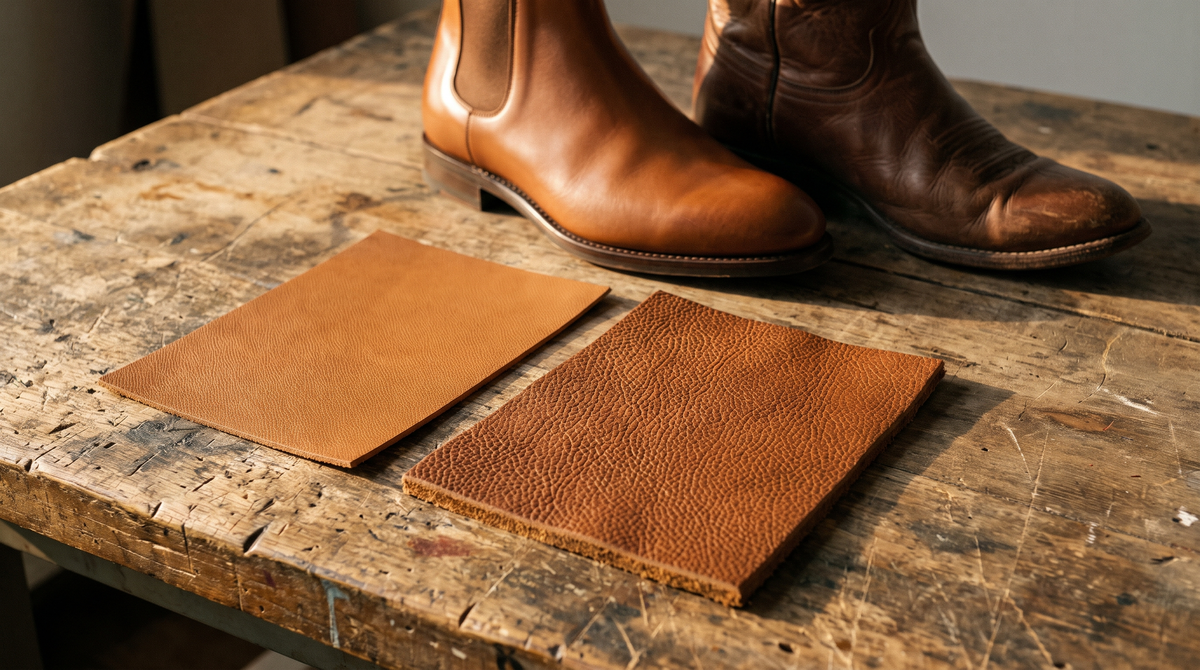 A smooth calfskin leather swatch beside a more textured cowhide swatch on a workbench, with a Chelsea boot and a cowboy boot behind