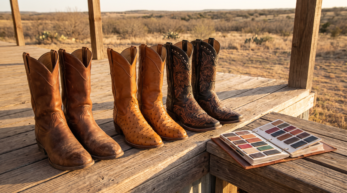 Three pairs of cowboy boots on a weathered porch bench: plain brown cowhide, full-quill ostrich and a hand-tooled pair, beside an open leather swatch book