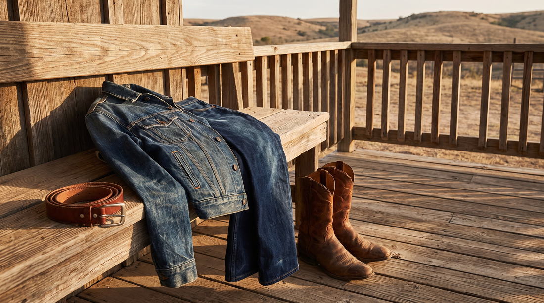 A denim jacket and jeans draped over a weathered porch bench beside brown leather cowboy boots and a leather belt