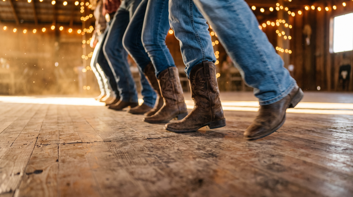 A row of dancers in jeans and cowboy boots stepping in line across a worn wooden dance hall floor under string lights