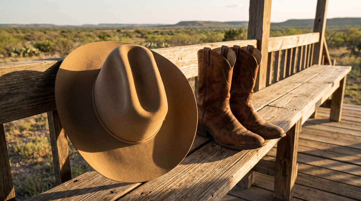 A tall-crowned tan felt cowboy hat leaning against a weathered porch bench beside a pair of brown leather cowboy boots