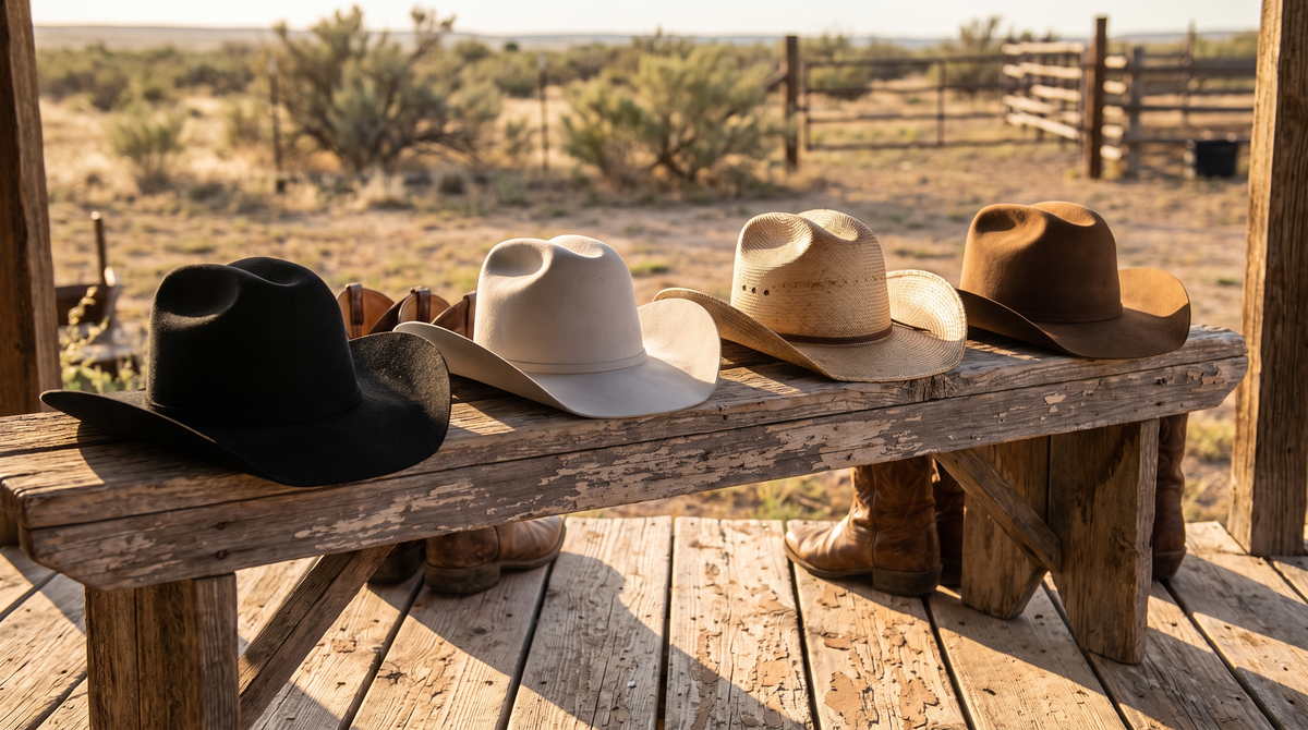 Four cowboy hats in black felt, silverbelly felt, straw and brown felt lined up on a weathered ranch porch bench