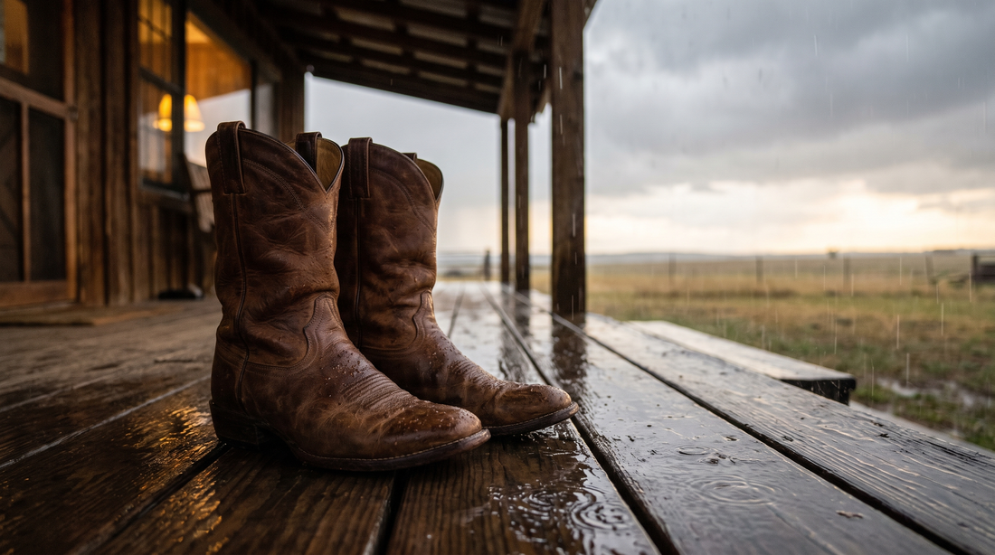 A pair of brown leather cowboy boots on a wet wooden porch with rain-soaked boards and a grey sky over the pasture