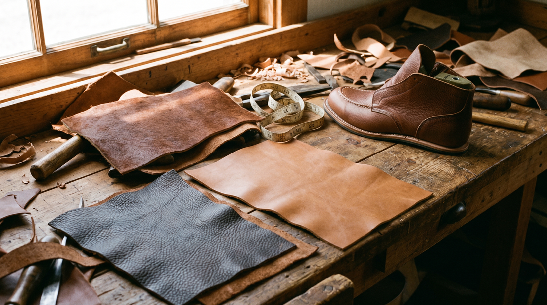 Cut pieces of cowhide, pebbled black leather and smooth tan calfskin on a bootmaker's workbench beside a brown leather boot