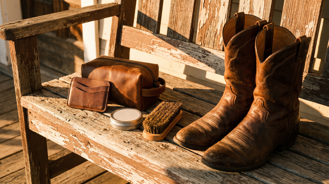 A leather card holder, leather dopp kit, tin of conditioner and horsehair brush on a porch bench beside brown cowboy boots