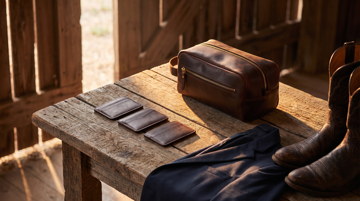 Three leather card holders and a leather dopp kit on a barn table beside a folded suit jacket and dark brown cowboy boots