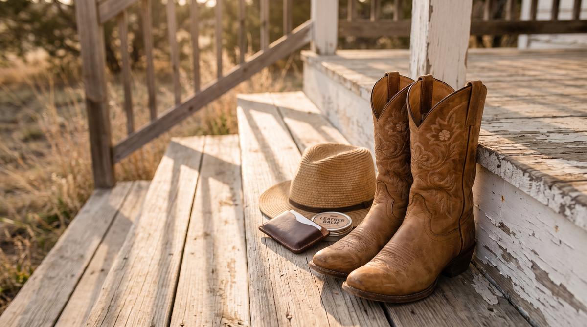 Women's tan cowboy boots on porch steps beside a straw hat, a leather card holder and a tin of leather balm