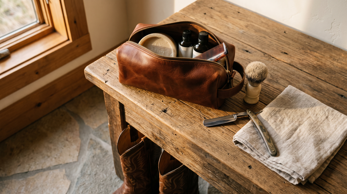 An open brown leather dopp kit on a wooden bench with a shaving brush, razor and linen towel