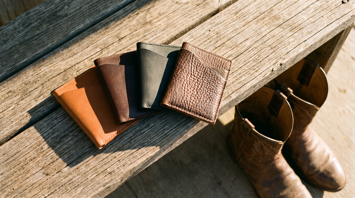 Four slim leather card holders in tan, brown, olive and textured bison leather fanned out on a porch bench