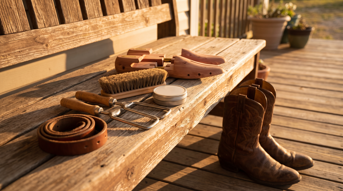 Boot trees, a horsehair brush, conditioner, boot pulls and a leather strap on a porch bench beside brown cowboy boots