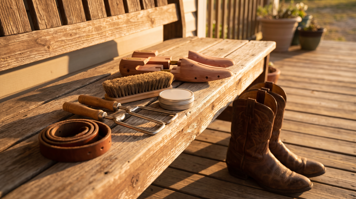 Boot trees, a horsehair brush, conditioner, boot pulls and a leather strap on a porch bench beside brown cowboy boots