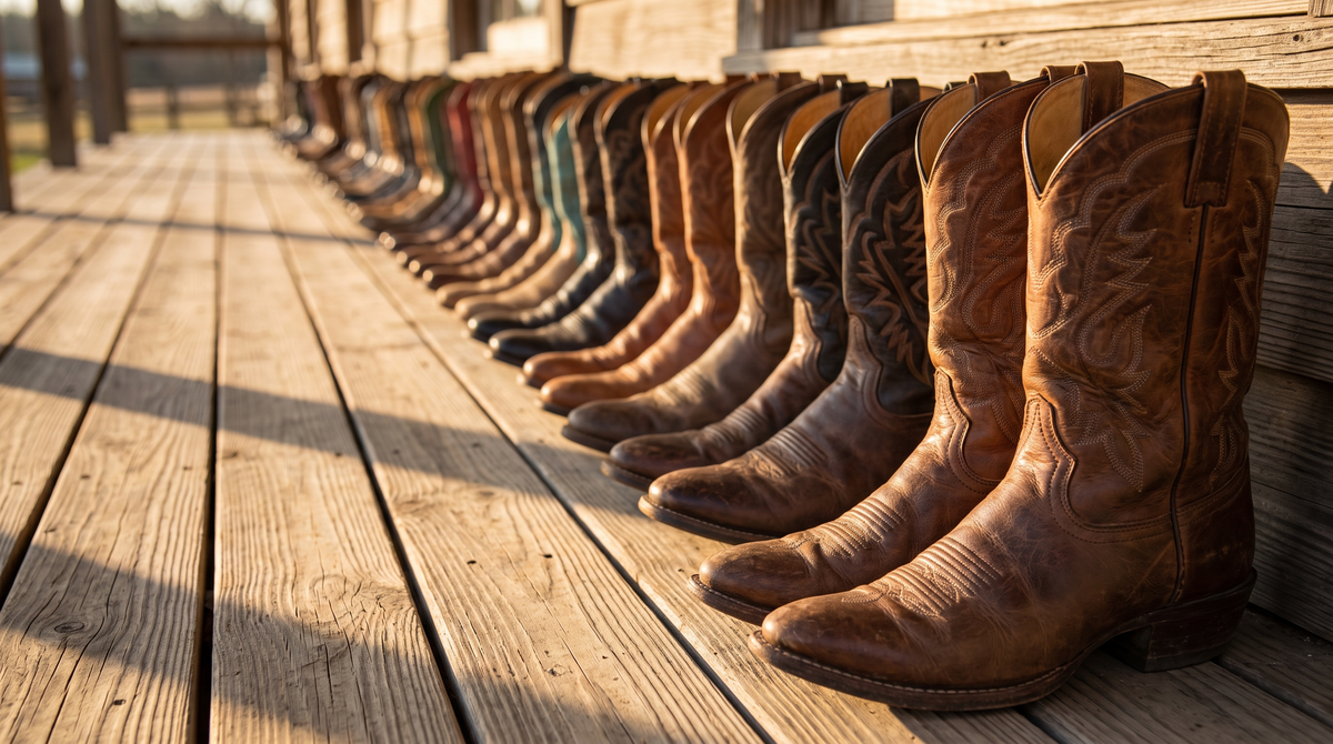 A long row of cowboy boots in many colors and leathers lined up along a wooden porch