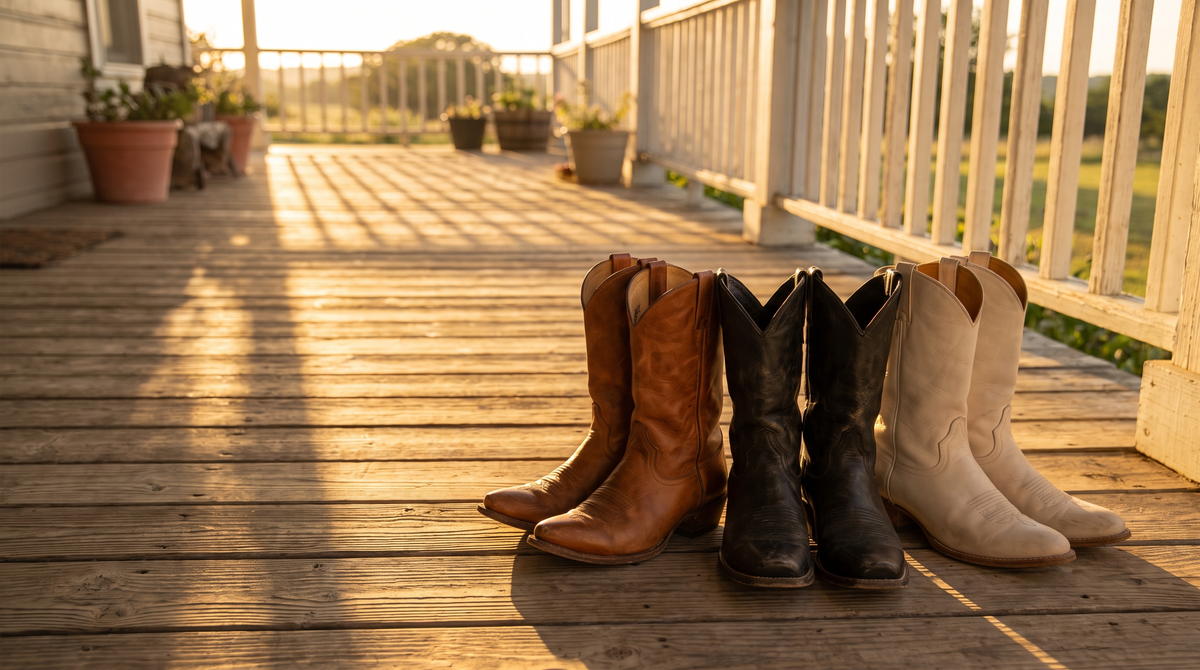 Three pairs of women's cowboy boots in cognac, black and bone white on a sunlit porch